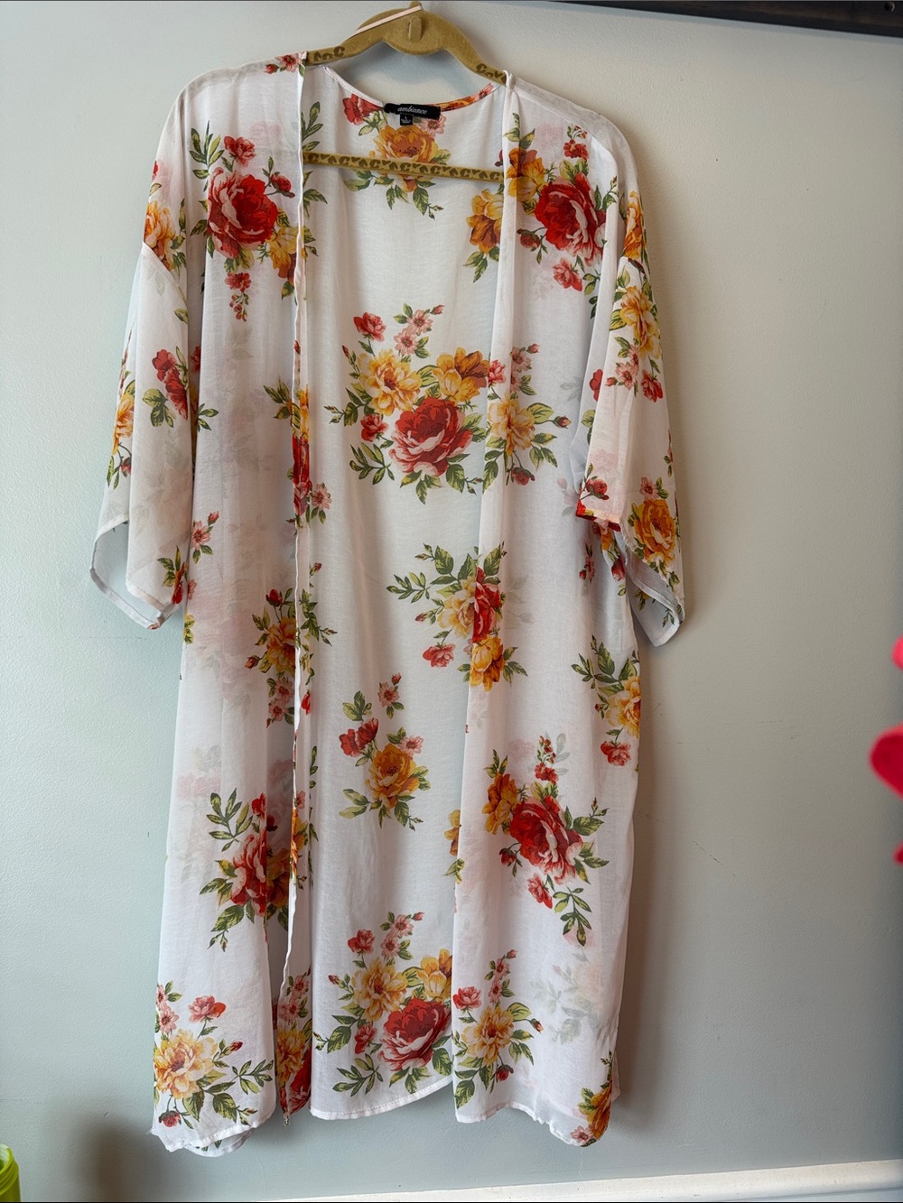 Ambiance White Floral Sheer Cardigan with Red, Yellow & Green Blooms
